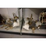 6 PIECE BRASS LIGHTS TO INCLUDE; 2 THREE ARM HANGING CEILING LIGHTS, THREE SINGLE WALL LIGHTS AND