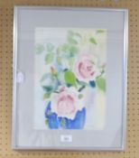 ANTONY L. JONES WATERCOLOUR DRAWING BLUE VASES WITH PINK ROSES SIGNED LOWER RIGHT 13 3/4" x 9 3/
