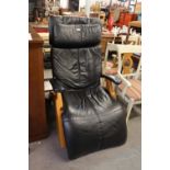 BLACK LEATHER AND BEECH MODERN DESIGNER RECLINING ARMCHAIR