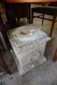 COMPOSITE STONE PLINTH, WITH CARVED GARLAND DECORATION 16" (42cm) high x 13 1/2" (34cm) square