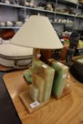 PAIR OF ART DECO STYLE GREEN ONYX BOOKENDS, TOGETHER WITH A MATCHING MODERNIST LAMP BASE (3)