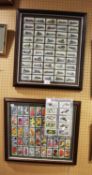 TWO FRAMED SETS OF CIGARETTE CARDS OF LOCOMOTIVES AND WILD FLOWERS WITH 3 PACKS OF BIRDS