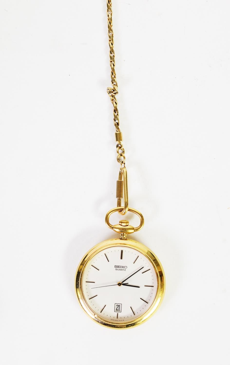 SEIKO QUARTZ OPEN FACED POCKET WATCH in gold plated case engraved with initials D.F.C., the white