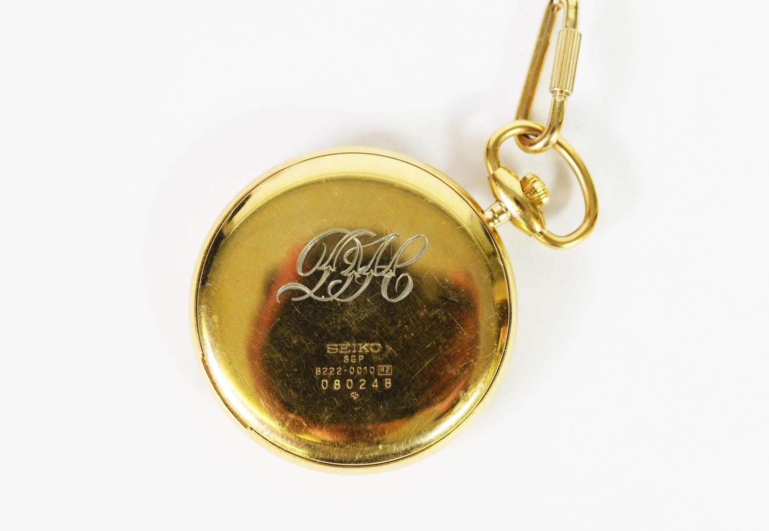 SEIKO QUARTZ OPEN FACED POCKET WATCH in gold plated case engraved with initials D.F.C., the white - Image 2 of 2