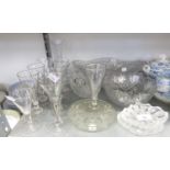 SELECTION OF GLASSWARE comprising; TWO GEORGE III WINE GLASSES with DRAWN TRUMPET BOWLS the stems
