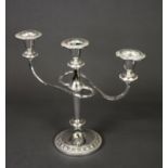 ELECTROPLATED TWIN BRANCH, THREE LIGHT CANDELABRUM, with outswept arms, beaded borders and