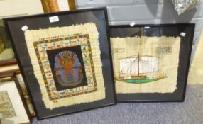 TWO EGYPTIAN PAINTINGS ON PAPYRUS, A SAILING GALLEY, AND THE 'HIEROGLYPHIC ALPHABET'; A FRAMED PRINT