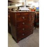 A NINETEENTH CENTURY MAHOGANY BOW-FRONT CHEST OF TWO SHORT AND THREE LONG DRAWERS WITH SPIRALLY