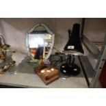 A FRENCH NOVELTY CIGARETTE DISPENSER, A TIFFANY STYLE MIRROR AND A TERRY ANGLEPOISE TABLE LAMP (3)