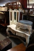 A WHITE PAINTED VICTORIAN BAROQUE WASHSTAND AND STOOL WITH GRAPE AND VINE CARVINGS (2)