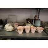 A 25 PIECE PINK VALE POTTERY TEA SET, A MODERN MANX ISLE OF MAN TEAPOT, A NORWEGIAN AND LOVATTS