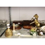CAST BRASS REARING HORSE, TWO WOODEN CIGARETTE BOXES, AN ODD SILVER NAPKIN RING, BRASS REPLICA