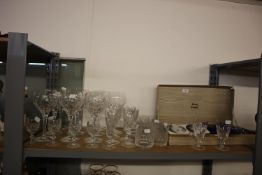 A BOXED SET OF SIX STUART CRYSTAL WINE GLASSES, A SET OF TEN GOOD QUALITY LARGE WINE GLASSES AND