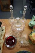 GLASS- PAIR OF GLOBE AND SHAFT DECANTERS WITH STOPPERS, CHEESE BELL AND STAND, RUBY COLOURED ASHTRAY
