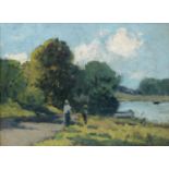 UNATTRIBUTED (EARLY TWENTIETH CENTURY) OIL ON BOARD Figure on a path at the water’s edge Unsigned