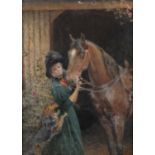 UNATTRIBUTED (EARLY TWENTIETH CENTURY) WATERCOLOUR Lady with horse and dog Unsigned 17 ¾” x 12 ¾” (