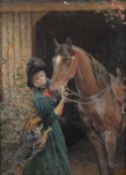 UNATTRIBUTED (EARLY TWENTIETH CENTURY) WATERCOLOUR Lady with horse and dog Unsigned 17 ¾” x 12 ¾” (