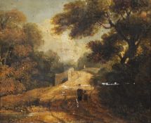 GEORGE ARNOLD (NINETEENTH CENTURY) OIL ON PANEL Figures approaching a stone bridge Unsigned,