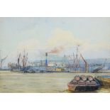 F L BLANCHARD (NINETEENTH/ TWENTIETH CENTURY) WATERCOLOUR Harbour scene with steam ship Signed and