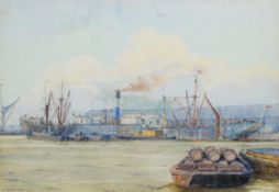 F L BLANCHARD (NINETEENTH/ TWENTIETH CENTURY) WATERCOLOUR Harbour scene with steam ship Signed and