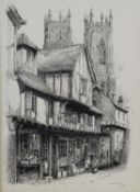 H RADCLIFFE (EARLY TWENTIETH CENTURY) PEN AND INK The Shambles York, with the minster in the