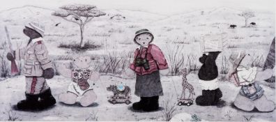 JANE MASON BURKE THREE COLOUR PRINTS ‘Bearly Safari’ ‘Out for a Waddle’ Bearly Ballet 24 ¾” x