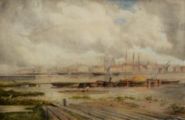 LOUIS VAN STAATEN (1836-1909) WATERCOLOUR River scene with barges in the foreground Signed 15 ½” x