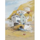 FREDERICK T W COOK (1907-1982) WATERCOLOUR ON BUFF COLOURED PAPER Hillside town with stone bridge 7”