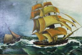 J S SMITH (TWENTIETH CENTURY) OIL ON CANVAS Sailing ships on rough seas Signed 26 ¼” x 40” (66.7cm x
