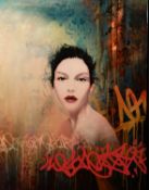 TROIKA (MODERN) MIXED MEDIA ON CANVAS ‘Beauty Shot’ Stencilled signature and title to gallery