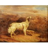 BRITISH SCHOOL (Nineteenth Century) OIL PAINTING ON METAL Two gun dogs and dead hare in an upland