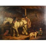 UNATTRIBUTED (NINETEENTH CENTURY) OIL PAINTING Stable scene with farrier and daughter, horse and two