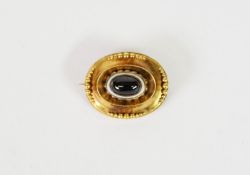 VICTORIAN GOLD COLOURED METAL OVAL TARG BROOCH, collet set with a cabochon oval banded agate