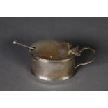 EDWARD VII PLAIN SILVER LIDDED MUSTARD RECEIVER, of oval form with pierced chair back thumb piece to