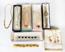 QUANTITY OF GOLD PLATED AND OTHER COSTUME JEWELLERY AND TWO IMIATION PEARL NECKLACES