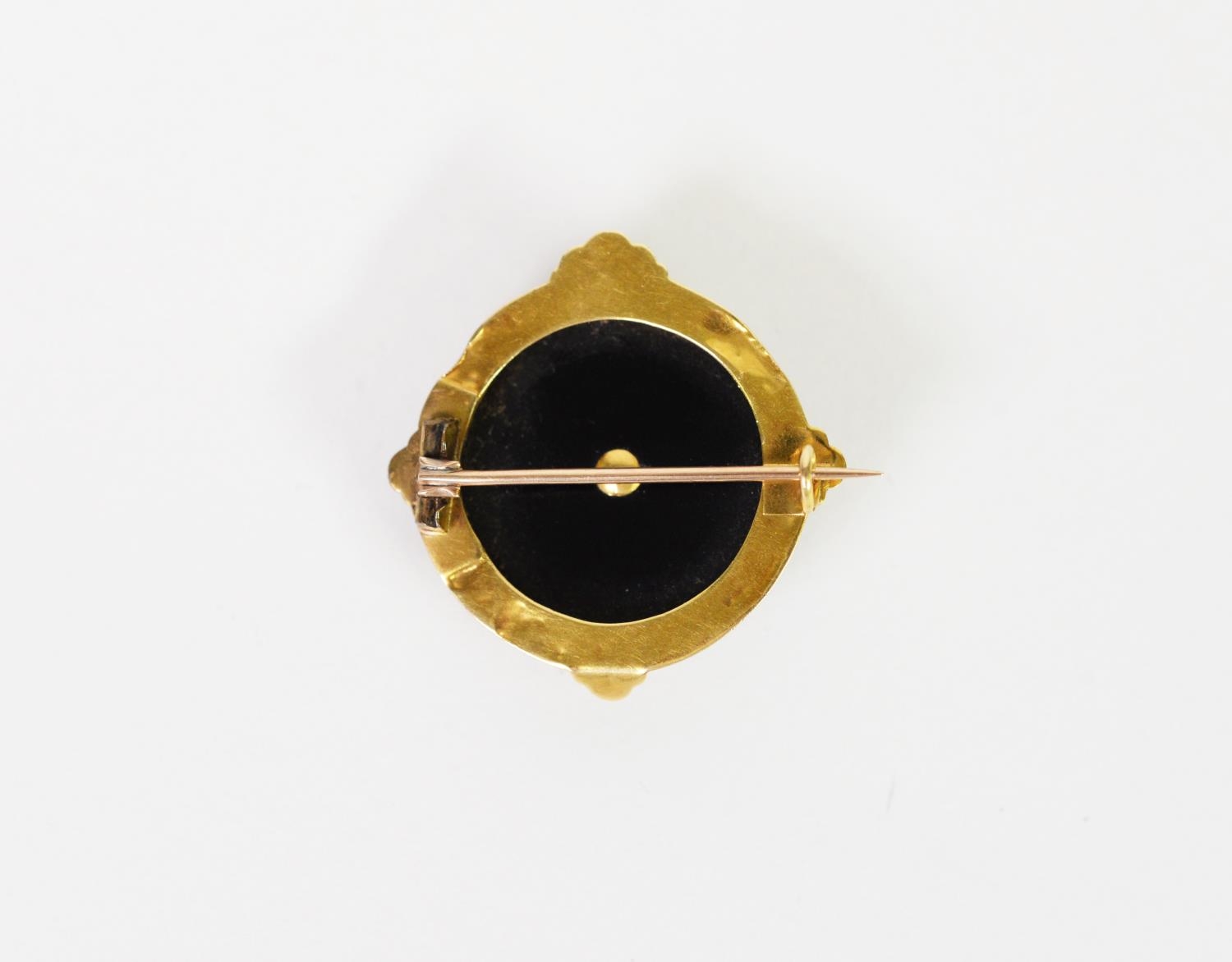 VICTORIAN CIRCULAR BLACK ONYX BROOCH, the centre overlaid with a small cluster of four seed pearls - Image 2 of 2