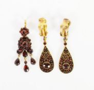 PAIR OF GOLD PLATED AND GARNET SET DROP EARRINGS and a pair of GARNET SET EARRINGS, each with two