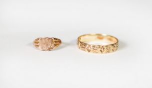 9ct GOLD CHASED BAND RING and a child's 9ct GOLD SMALL SIGNET RING, ring sizes N/O and A