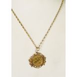 EDWARD VII 1902 GOLD HALF SOVEREIGN, loose mounted in a 9ct gold frame as a pendant, on a 9ct GOLD