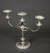 ELECTROPLATED TWIN BRANCH, THREE LIGHT CANDELABRUM, with outswept arms, beaded borders and