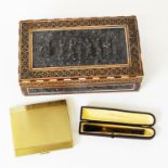 MIDDLE EASTERN INTRICATELY INLAID WOOD TABLE CIGAR AND CIGARETTE BOX, with removable lid, applied