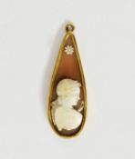 VICTORIAN TEAR SHAPED SHELL CAMEO TEAR SHAPED PENDANT, depicting a bust of an angel, in gold
