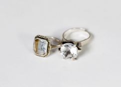 SILVER AND MARCASITE RING, collet set with an emerald cut semi-precious white stone; STERLING SILVER