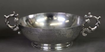 PAIR OF VICTORIAN PLANISHED SILVER TWO HANDLED AND FOOTED SWEETMEAT DISHES BY CHARLES STEWART
