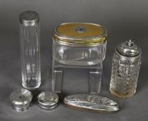 THREE PIECES OF CUT GLASS WITH SILVER COVERS OR MOUNT, comprising: CYLINDRICAL CRUET JAR WITH HINGED