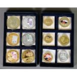 TWELVE PROOF METAL COMMEMORATIVE COINS, mostly gold plated, some also printed in colours, various