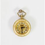 LADY'S BULER SMALL FOB WATCH with 17 jewels keyless movement, gilt roman dial, floral chased gilt