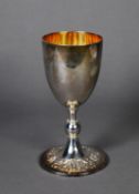 EMBOSSED SILVER GOBLET BY ROBERT & BELK, of typical form with gilt interior, ball knopped stem and
