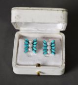 PAIR OF SILVER COLOURED METAL, TURQUOISE AND PEARL CLIP EARRINGS