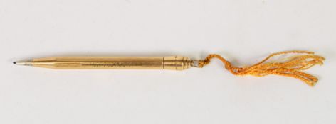 9ct GOLD 'LIFE LONG' PROPELLING PENCIL with hanger to the top, panelled and with engine turned